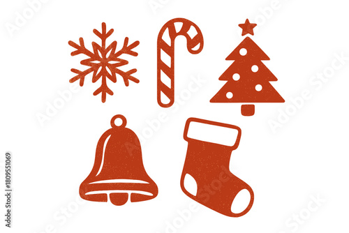 Vintage Christmas Icons. Set of Christmas-themed icons featuring a snowflake, a candy cane, a Christmas tree, a stocking, and a bell. Each icon is styled with a. Vector illustration