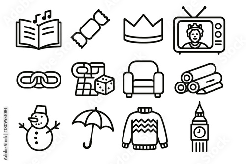 British Iconography Outline. British Traditions linear icon set. carol book, cracker popper, crown hat, Queen’s speech TV, paper chain, board game, cozy armchair, firewood, snowman