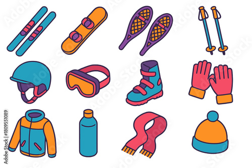 Winter Sports Icons. Winter Sports Gear flat icons set. skis, snowboard, snowshoes, poles, helmet, goggles, boots, gloves, jacket, water bottle, scarf, hat