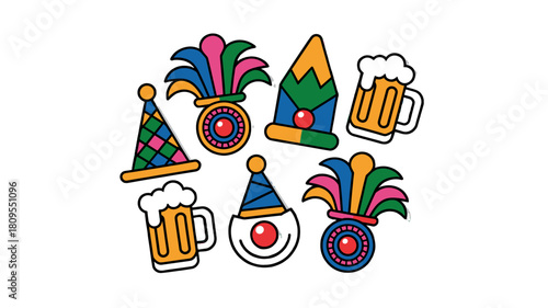 Festive illustration with colorful hats and beer mugs.