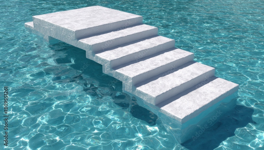 Obraz premium Concrete staircase descends into shimmering water, reflecting sun and leading to a platform