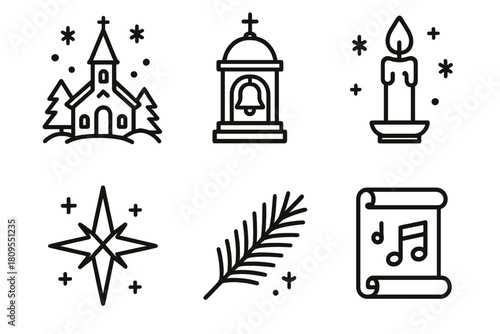 Winter Church Icons. Winter Church Festivity linear icon set. icon frame, bell tower, candle, star, pine branch, hymn scroll