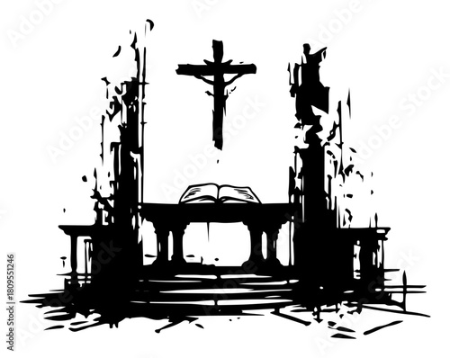 Christian Cross And Open Bible On Altar Among Ruins In Distressed Grunge Dry Brush Ink Style