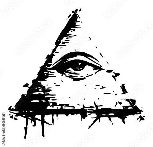 Mystical Eye Of Providence Triangle Symbol In Distressed Grunge Dry Brush Ink Style