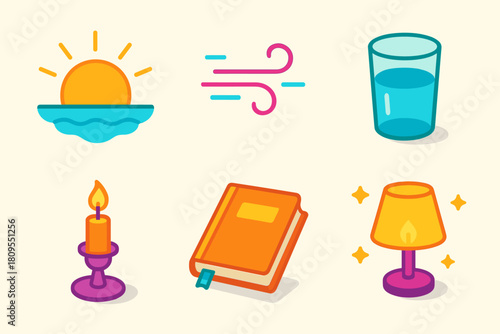 Vibrant New Year Icons. New Year Calm flat icons set. sunrise, soft breeze, water glass, candle holder, notebook, quiet glow