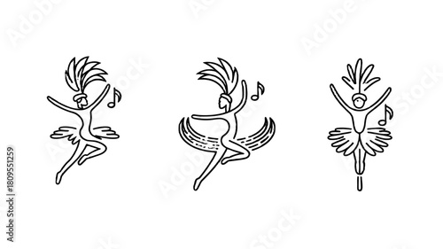 Elegant illustrations of dancers in dynamic poses, with musical notes.