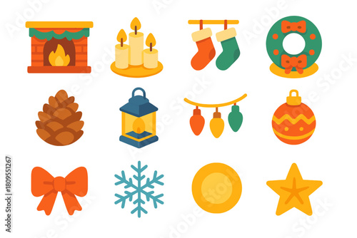 Cozy Fireplace Icons. Cozy Fireplace Display flat icons set. mantel garland, glowing candles, hanging stockings, wreath centerpiece, pinecone decor, small lantern, light string