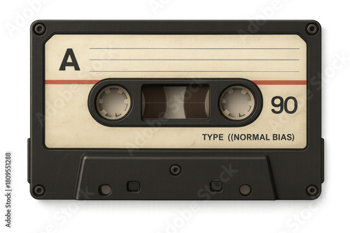 Audio cassette tape capturing retro sound and analog music. Vintage technology concept with old media on transparent background