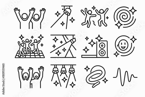 Energetic Dance Party. Dancing Crowd linear icon set. hands raised, spotlight, jumping crowd, disco sparkle, light beam, dance floor, stage speaker, neon swirl, strobe effect