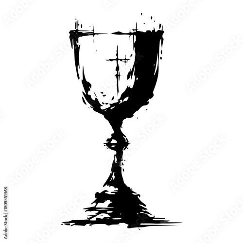 Holy Chalice with Cross Vector Illustration for Communion in Rough Grunge Dry Brush Ink Style