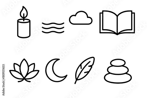 Serenity Symbols. Peace & Reflection linear icon set. candle flame, calm water, open book, soft cloud, lotus flower, moon, feather, pebbles