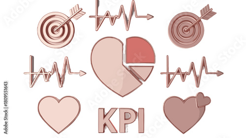 KPI indicators with hearts and graphs, illustrating health and performance targets.