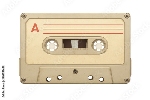 Beige audio cassette tape presenting side a, with recordable lines evoking old music formats, recording, listening, and memory