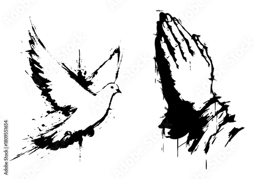 Distressed Grunge Praying Hands and Flying Dove Spirit Illustration
