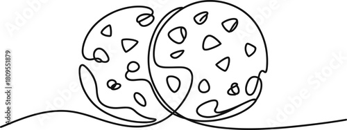 Continuous line drawing of two chocolate chip cookies, a sweet snack illustration in a minimalist graphic style on a clean white background.