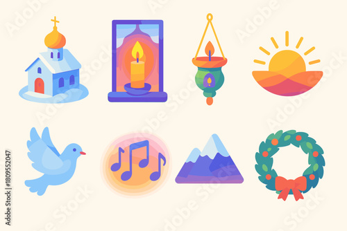 Orthodox Christmas Icons. Orthodox Christmas Serenity flat icons set. snowy chapel, candle in window, icon lamp, sunrise glow, dove, soft music notes, mountain horizon, wreath