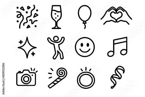 Party Icons Extravaganza. Event Energy linear icon set. confetti, streamers, champagne glass, balloon, heart hands, sparkle, dance pose, smiling emoji, music beat, camera flash