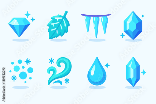 Winter Crystal Icons. Winter Glittering Crystals flat icons set. diamond sparkle, frozen leaf, icicle string, shimmering gem, snow dust, frost swirl, glowing droplet, crystal prism