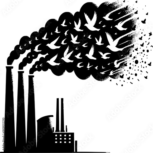Metaphor of Pollution: An artistic rendition depicting the environmental consequences of industrialization, with smokestacks emitting plumes that transform into a flock of birds.