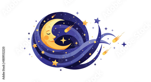 Dreamy crescent moon with a serene face amidst a swirl of twinkling stars and shooting comets