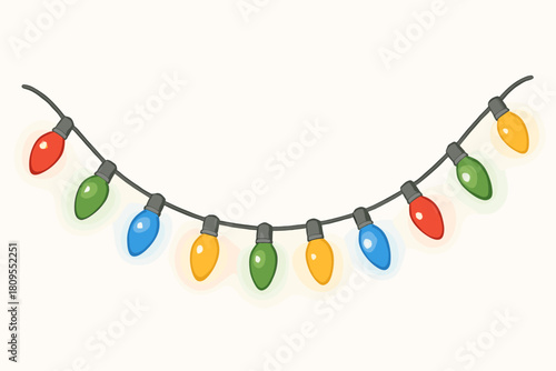 Colorful Festive Lights. String of colorful holiday lights, featuring bulbs in red, green, blue, and yellow. The lights form a gentle curve, emitting a soft glow. Vector illustration
