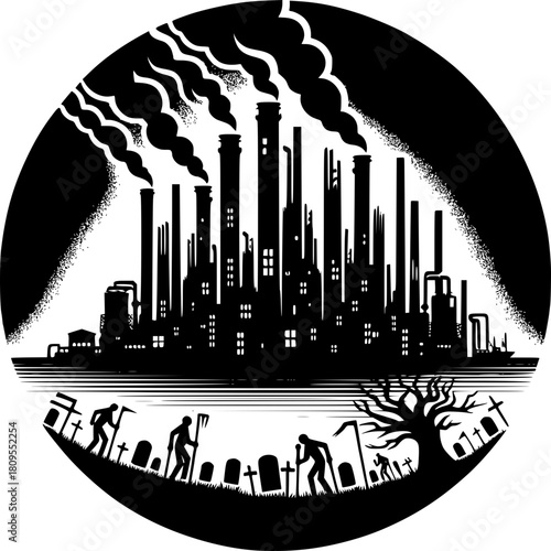 Industrial Grimness: A stark monochrome illustration depicts a foreboding industrial landscape, belching smoke into the sky, juxtaposed with the desolate scene of graveyard.