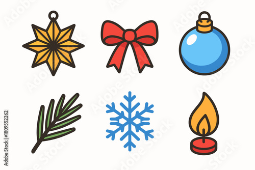 Orthodox Christmas Icons. Orthodox Christmas Star Ornament flat icons set. eight-pointed star, ribbon, glass bauble, pine twig, snowflake, candle flame
