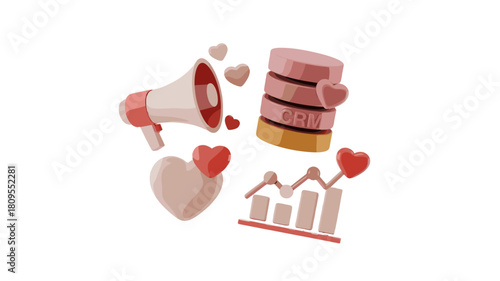 Digital marketing concept illustration: heart, data, megaphone and graph