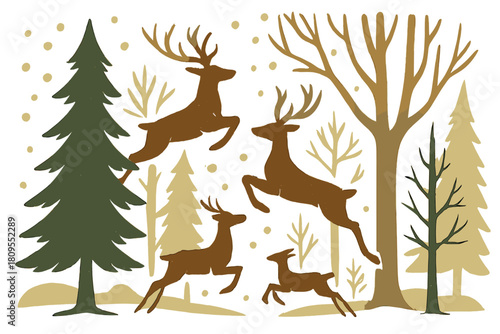 Majestic Winter Forest. Majestic trees, both evergreen and bare, stand tall amidst swirling snowflakes and leaping reindeer. The trees add vertical interest and. Vector illustration