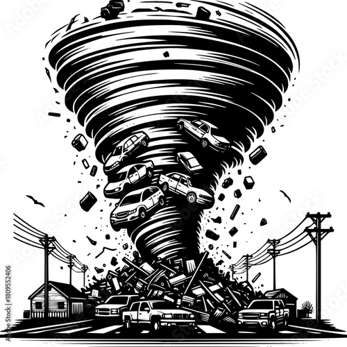 Destructive Force: A powerful tornado rips through a suburban town, violently lifting cars and debris, showcasing the devastating power of nature.
