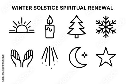 Winter Solstice Icons. Winter Solstice Spiritual Renewal linear icon set. sunrise, candle flame, pine tree, snowflake, moon, star, open hands, light beam