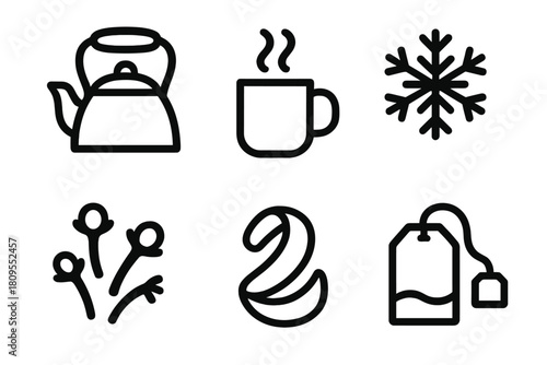 Winter Tea Icons. Winter Tea Ritual linear icon set. kettle, mug with steam, clove buds, orange peel, tea bag, snowflake