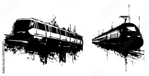Distressed Grunge Modern High Speed Train and Subway Illustration with Rough Ink Texture