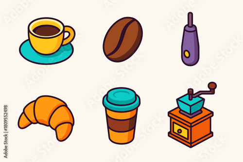 Isometric Coffee Icons. Coffee Break flat icons set. espresso cup, coffee bean, milk frother, croissant, takeaway cup, coffee grinder