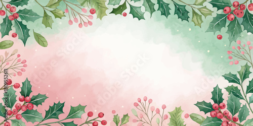 Vector christmas watercolor frame with holly leaves and berries creating a festive christmas background design
