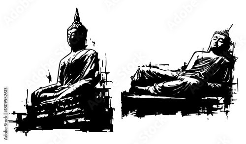 Distressed Grunge Sitting and Reclining Buddha Statue Illustration with Ink Texture