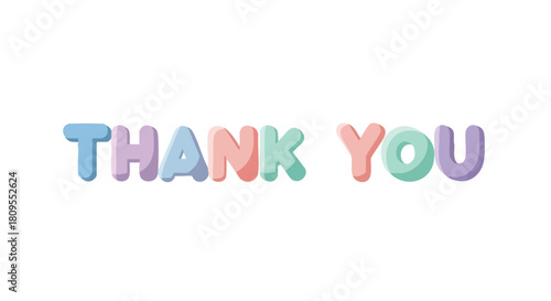 Colorful thank you typography with pastel shades, conveying gratitude and appreciation using a soft and cheerful lettering, isolated on white