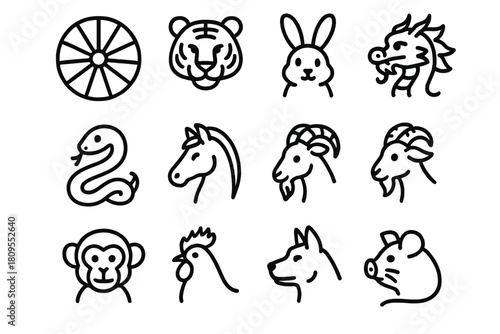 Zodiac Wheel Icons. Chinese Lunar New Year – Zodiac & Fortune linear icon set. zodiac wheel, tiger, rabbit, dragon, snake, horse, goat, monkey, rooster, dog, pig, rat