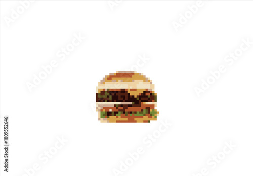 Pixel Art Burger on White Background. 8 bit. Game development, mobile app. Isolated vector illustration.