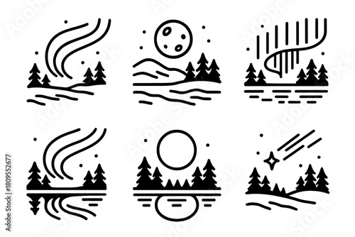 Arctic Light Icons. Arctic Light Phenomenon linear icon set. glowing streak, moon, snowfield, forest, reflection, shooting star