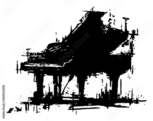 Grand Piano Musical Instrument Vector Illustration in Rough Grunge Dry Brush Ink Style