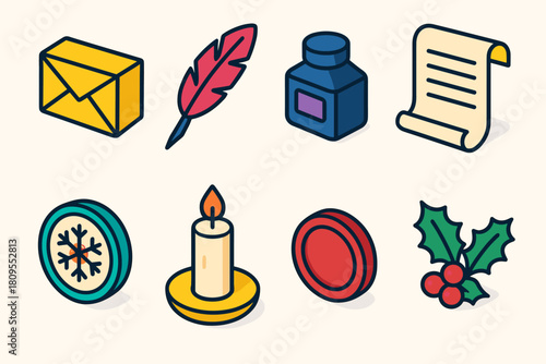 Santa Letter Icon Set. Letter to Santa flat icons set. envelope, quill pen, ink bottle, parchment paper, snowflake stamp, candle, wax seal, holly sprig