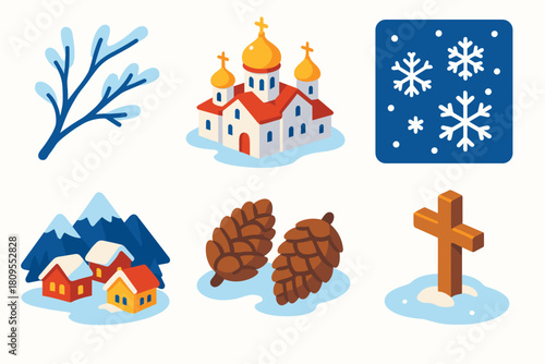 Orthodox Christmas Icons. Orthodox Christmas Winter Scenery flat icons set. icy branches, peaceful monastery, snowflakes falling, mountain village, glowing windows, pine cones