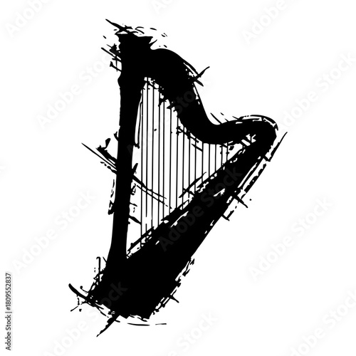 Classical Harp String Instrument Vector Illustration in Rough Grunge Dry Brush Ink Style