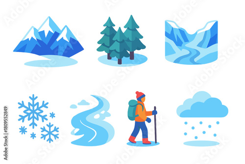 Isometric Snowy Icon Set. Snowbound Peaks flat icons set. alpine ridge, pine forest, glacier valley, frosty mist, snow crystals, frozen path, mountaineer, snow haze