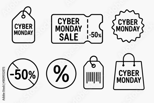 Cyber Monday Icons. Cyber Monday Discount Labels linear icon set. tag with string, price label, coupon ticket, red sticker, price slash, percentage icon, barcode tag, shopping bag