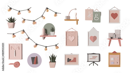 Home decoration collection with lights, frames, and plants.