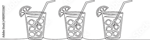 Continuous line drawing of three refreshing iced beverages with lemon slices and straws, perfect for summer drinks and celebration concepts.