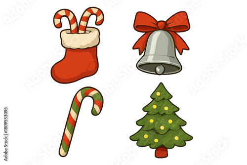 Festive Christmas Icons. Set of festive Christmas icons includes a red stocking overflowing with candy canes, a silver bell tied with a red ribbon, a green and red. Vector illustration