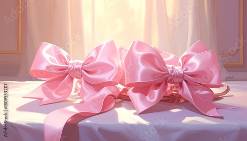 Two delicate pink bows crafted from satin ribbon sit on a soft, illuminated surface with a backdrop of a curtain